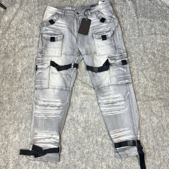 Copper Rivet Relaxed Fit Cargo Utility Pants 42x32 Gray Buckle Strap Moto Street